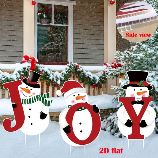 2D Flat - 3pcs JOY Snowman 2D Flat Yard Stakes | Durable Polypropylene Christmas Lawn Decor, Vintage Style, and Red, Pole Mount, Ideal for Winter Garden and Holiday Decoration