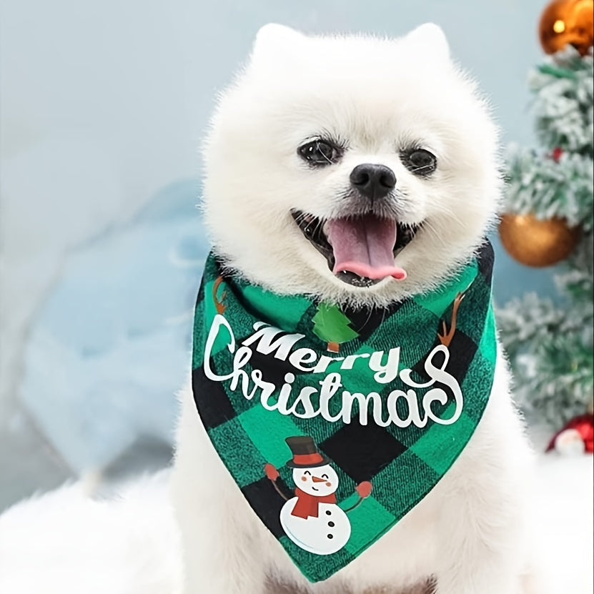 Christmas Dog Bandana- Santa Print& "Merry Christmas" Plaid Bib for Small/Medium Dogs- Adjustable Holiday Party Accessory- Festive Cozy Fit Pet Scarf