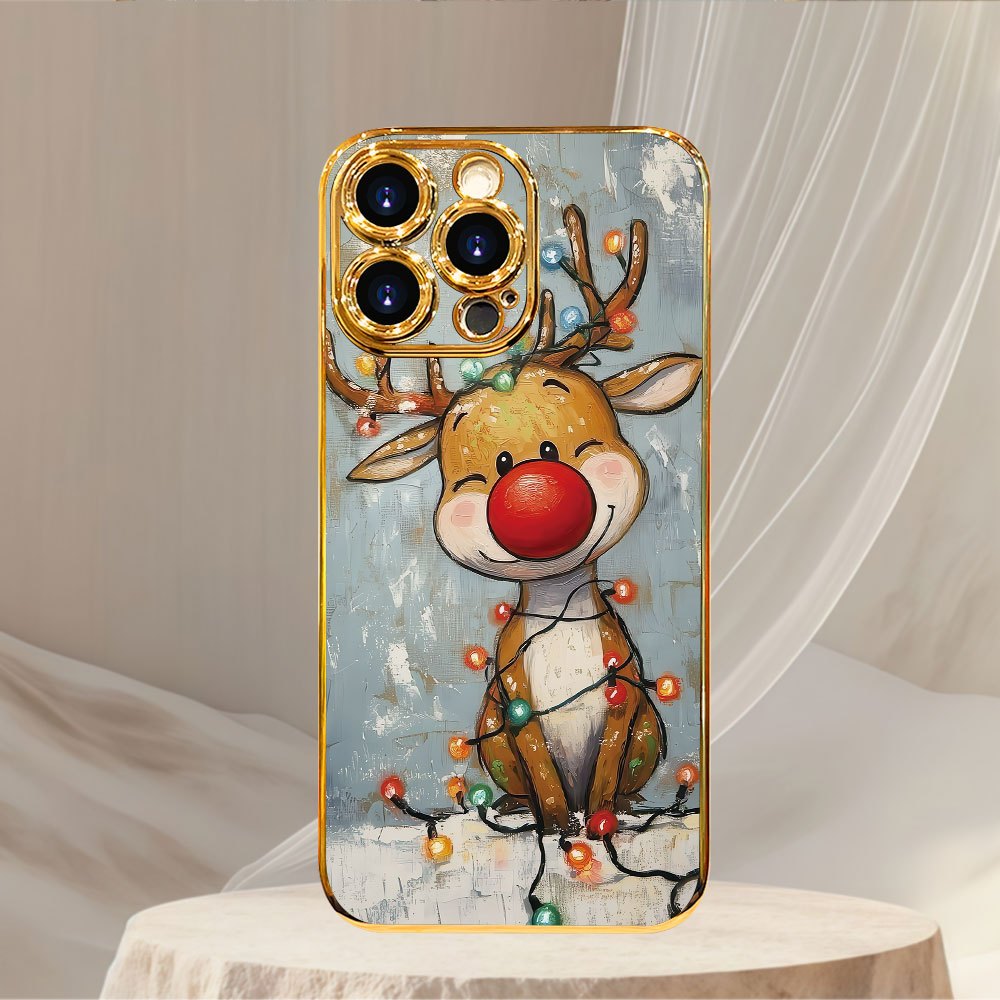 Festive hand-painted reindeer with colorful lights, warm winter vibe | PC hard case | Premium electroplating, lightweight design, comfortable grip highlights personality | Compatible with iPhone 17/ 16/ 15/ 14/ 13/ 12/ 11 Pro