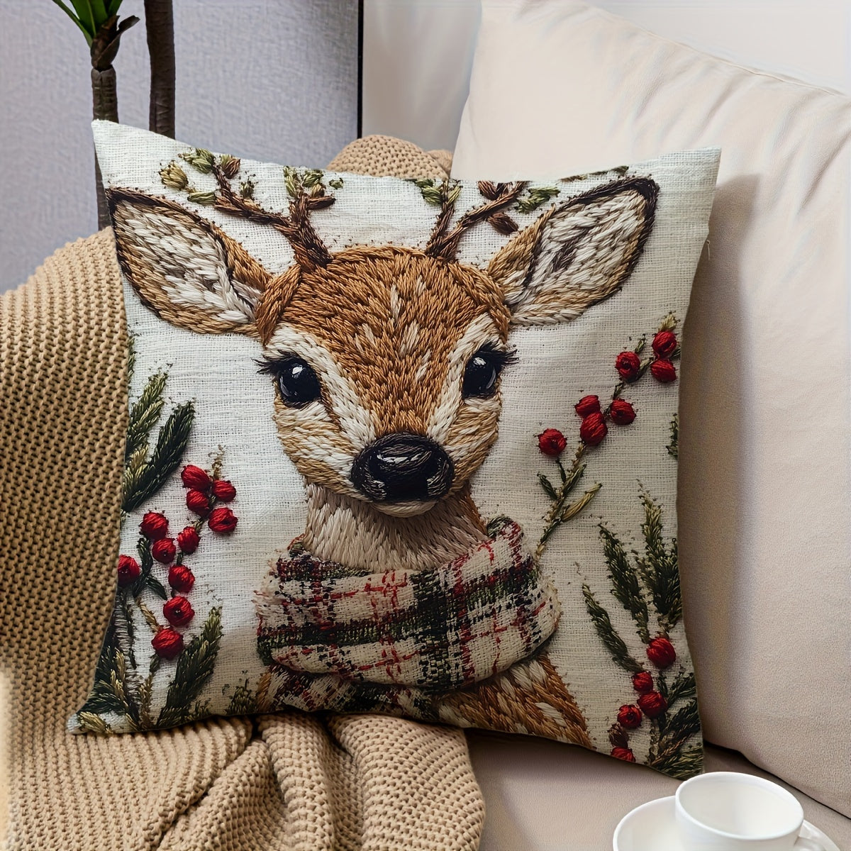 Christmas Reindeer Throw Pillow Cover – 45×45 cm Soft Plush Holiday Décor