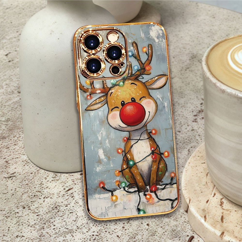 Festive hand-painted reindeer with colorful lights, warm winter vibe | PC hard case | Premium electroplating, lightweight design, comfortable grip highlights personality | Compatible with iPhone 17/ 16/ 15/ 14/ 13/ 12/ 11 Pro