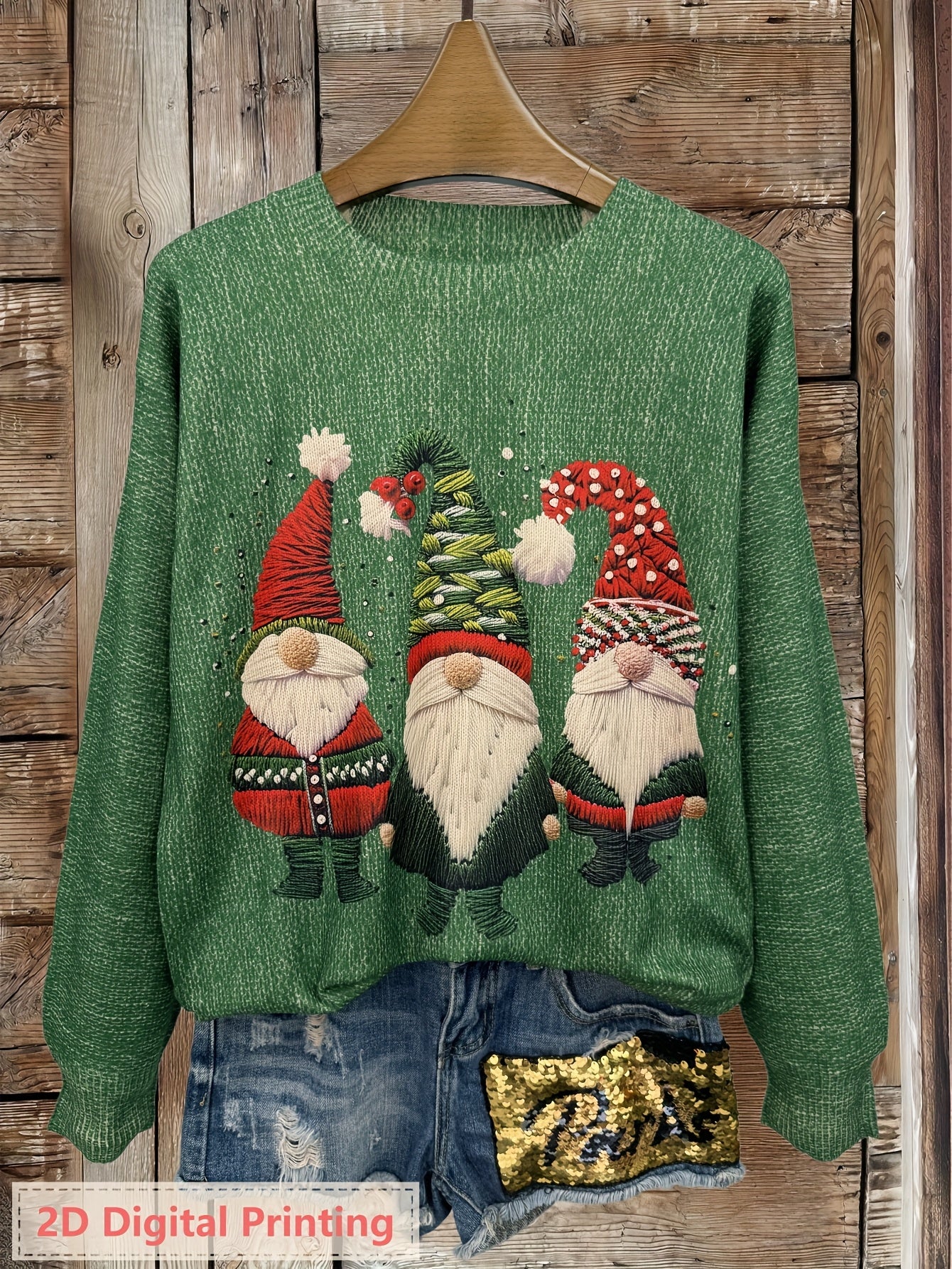 Women'S 3D Printed Long Sleeve Crew Neck Sweater - Ultra HD Gothic Raven & Santa Claus Design, Lightweight All-Over Print, Casual Elegant Style, Regular Fit