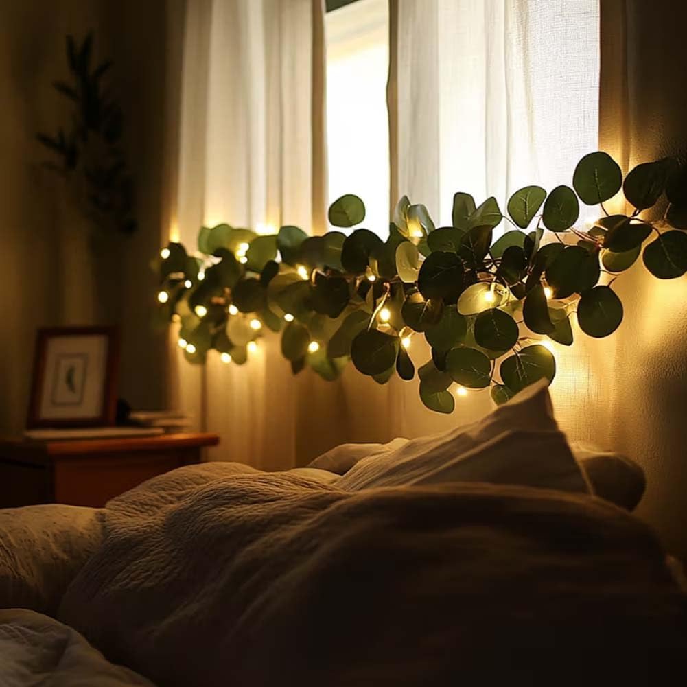 4pcs 78.74-Inch 20-Light Eucalyptus Leaf Wreath String Pendant with Teardrop Top - Battery-Powered Christmas Decoration with Warm Light, Realistic Leaves, Perfect for Centerpieces, Holiday Decorations, Classic Design.