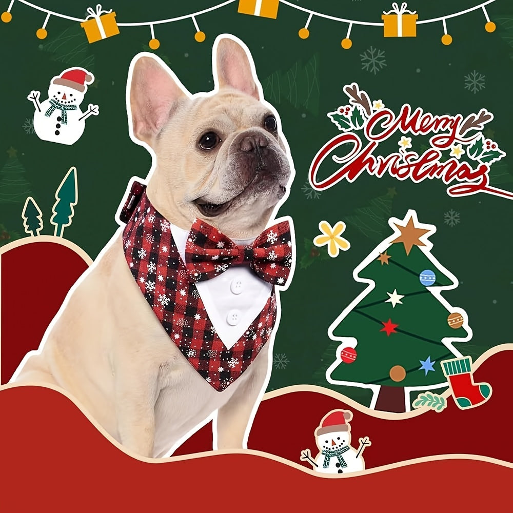All-Season Dog Scarf with Bow Tie - Red & Black Plaid Winter Snow Pattern, Magic Tape Closure for Small/Medium/Large Dogs, Cute Pet Apparel for Christmas & New Year Gifts, Year-Round Wearable Accessory