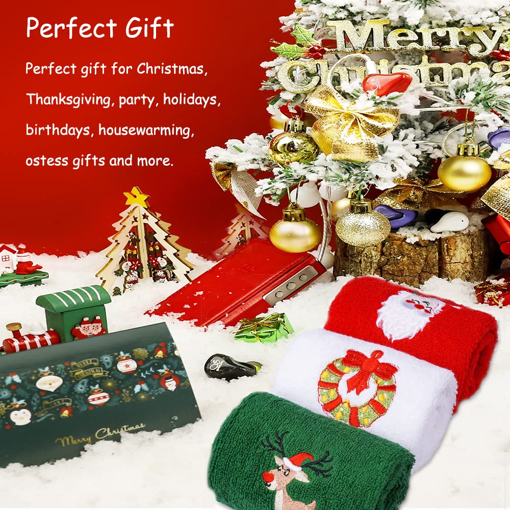[Christmas] Set of Three Decorative Hand Towels for Christmas Featuring Embroidered Designs of Santa Claus, a Reindeer, a Snowman, And a Christmas Tree. Ideal for Use in The Kitchen Or Bathroom, These Towels Are Perfect for D