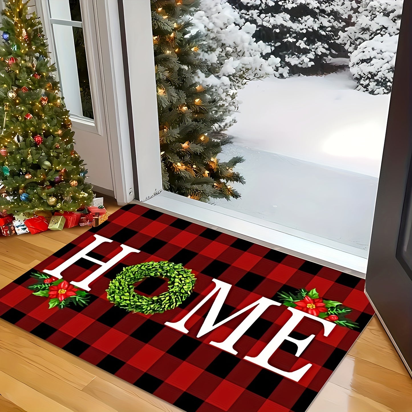 [Festive Christmas Doormat] Christmas-Themed Welcome Doormat - 1pc Festive Wreath Design with "HOME" Text | Washable Polyester, Ideal for Entryway, Bedroom, Bathroom, Kitchen, Laundry Room - Holiday Home Decor, Christmas Deco