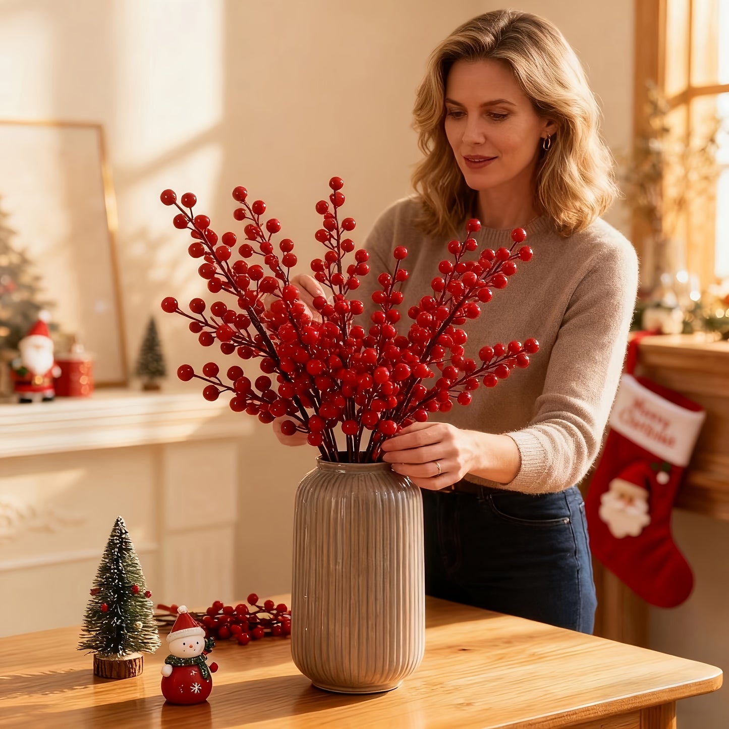 20pcs Artificial Red Berries Set/8-Inch Christmas Greenery/Red Berry Branches/Autumn Floral Arrangements/Holiday Maple Leaf Wreaths for Home Decor/Suitable for Thanksgiving, Halloween, Christmas Craft Wreaths