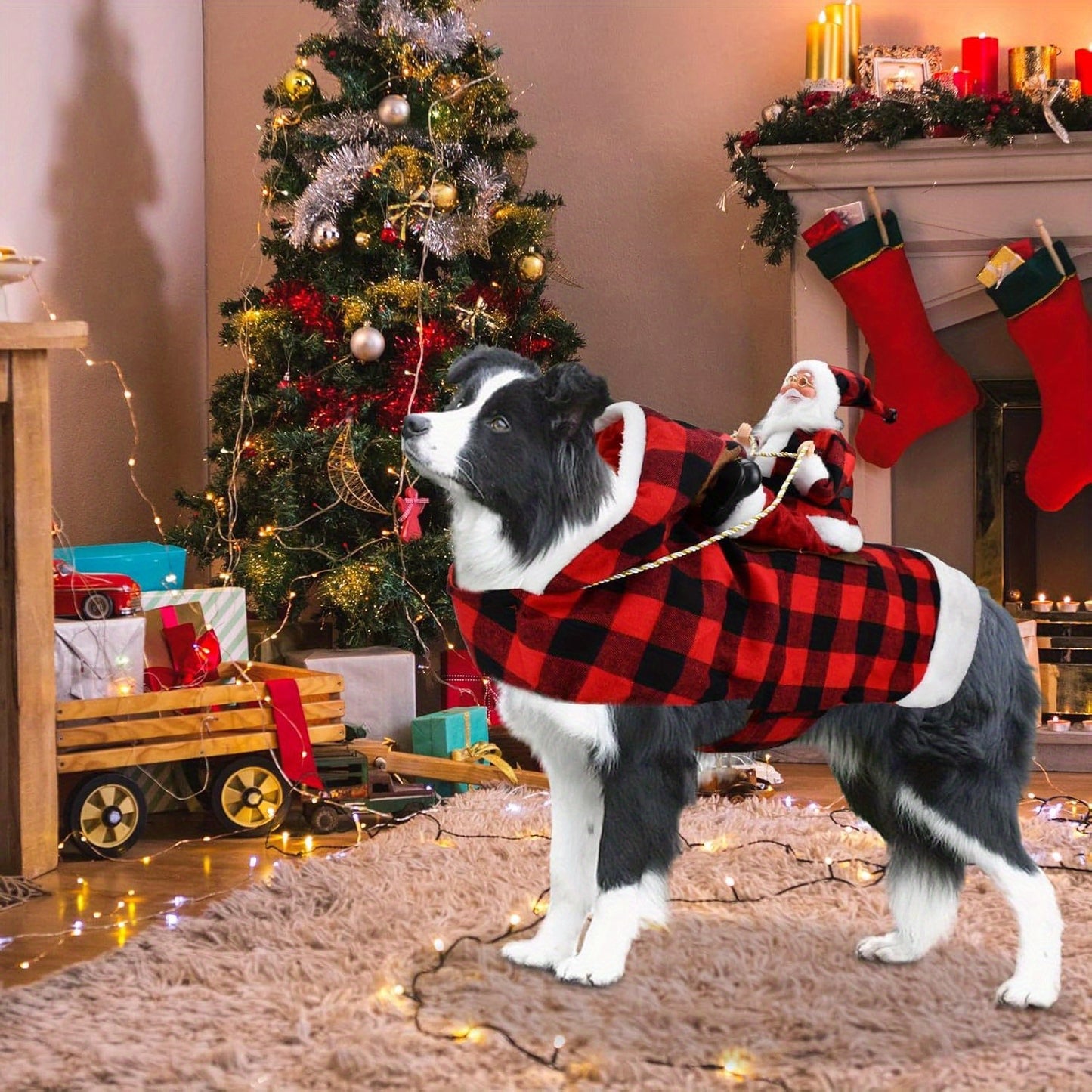 Dog & Cat Christmas Costume - Santa Claus Riding Hooded Coat with Plaid Winter Outfit, Magic Tape Closure, Soft Xmas Dog Clothes for Medium Dogs & Cats, Holiday Party Attire & Pet Photo Shoots
