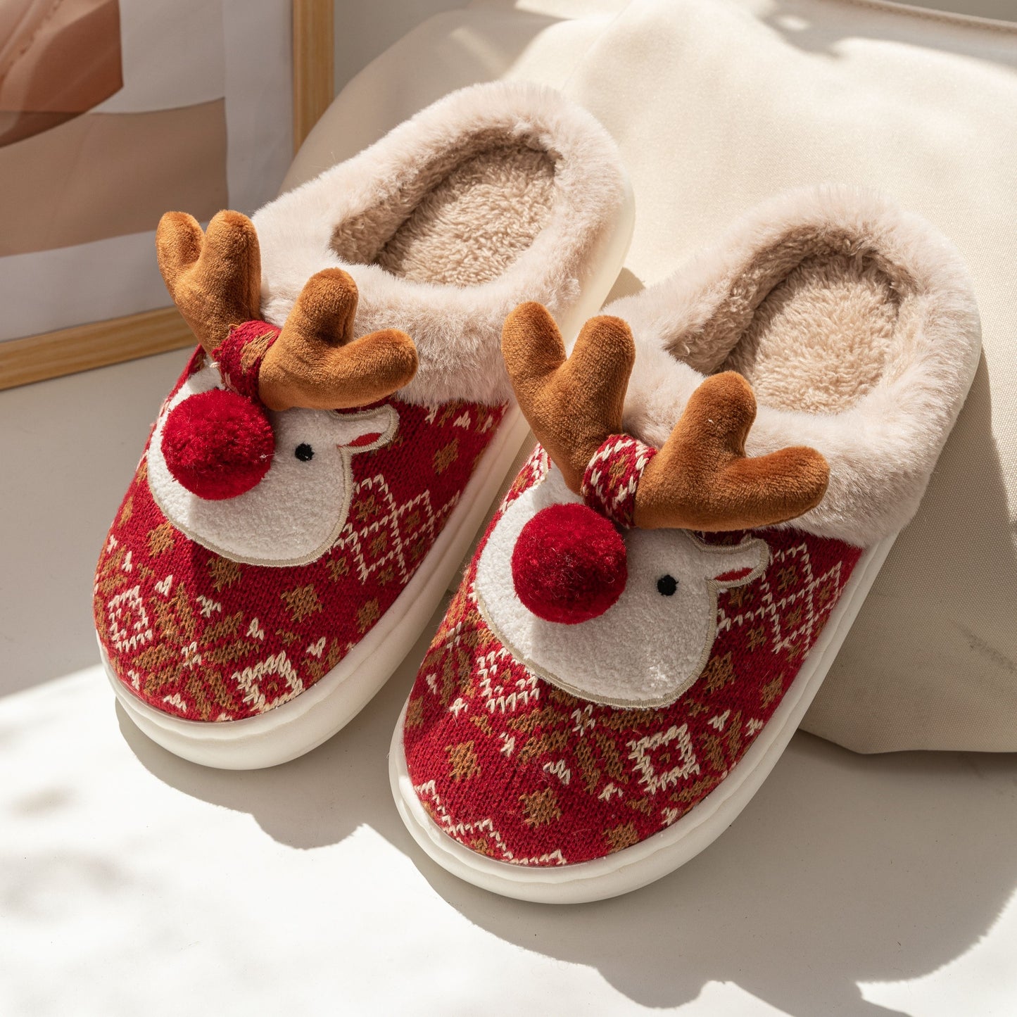 Christmas Reindeer Plush Slippers – Cozy Fleece-Lined Indoor Shoes for Couples