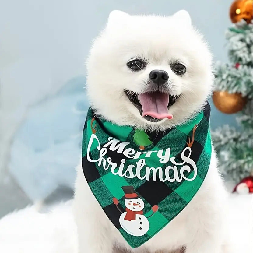 Christmas Dog Bandana- Santa Print& "Merry Christmas" Plaid Bib for Small/Medium Dogs- Adjustable Holiday Party Accessory- Festive Cozy Fit Pet Scarf