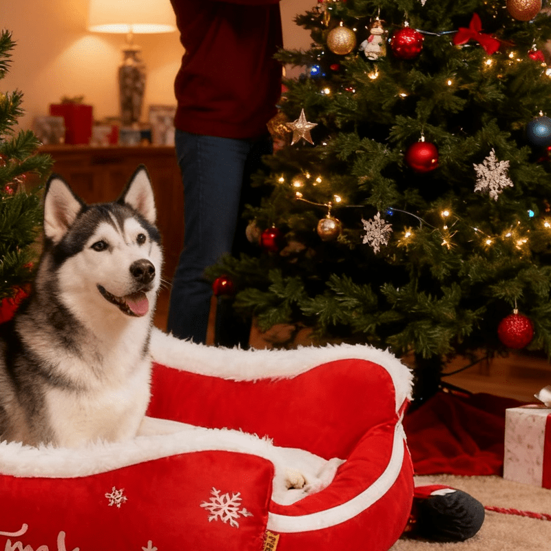Christmas Sled Dog Bed – Plush Winter Pet Bed with Removable Washable Cover (S/M/L)