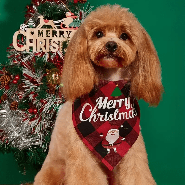 Christmas Dog Bandana- Santa Print& "Merry Christmas" Plaid Bib for Small/Medium Dogs- Adjustable Holiday Party Accessory- Festive Cozy Fit Pet Scarf