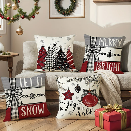 4-Pack Country-Rustic Christmas Throw Pillow Covers, Hand Wash Only, Striped Pattern with Zipper Closure, Woven Polyester, Festive Farmhouse Decorative Cushion Cases for Various Room Types, 18x18" Holiday Pillowcases for Porc