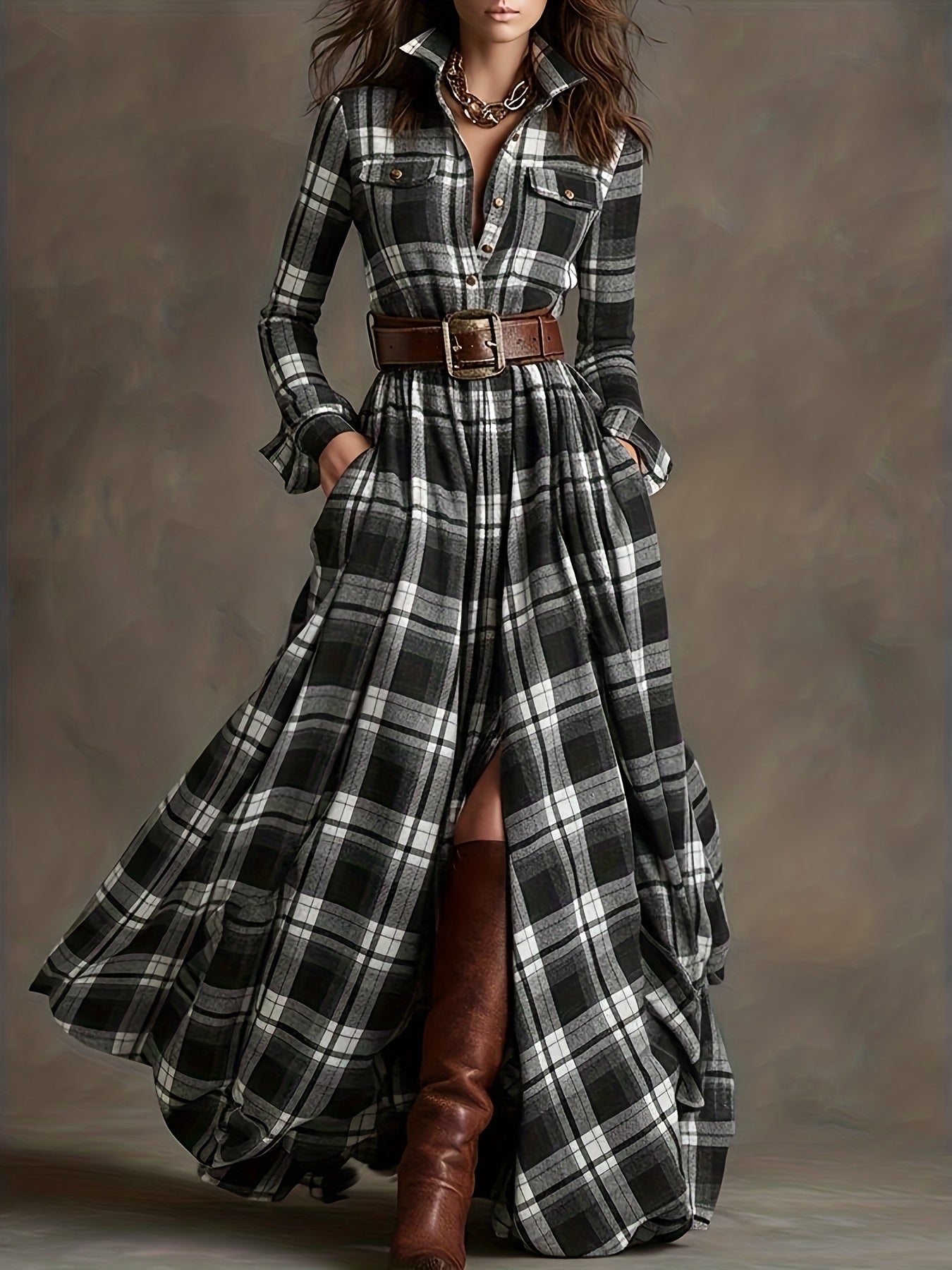 Women'S Vintage Shirt Dress - Long Formal & casual dresses with Turn- Collar, Flared Hem, All-Season Elegant office party Outfit in Brown/Red Plaid - Non-Padded Retro Attire