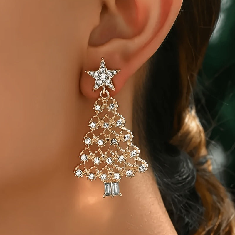 READKISS Women's Christmas Tree Drop Earrings, KC Golden Plated Synthetic Zirconia Elegant Holiday Jewelry, Luxury Gift for Women, Year-Round Wear for Christmas New Year's Everyday Formal Events, Festive Accessories