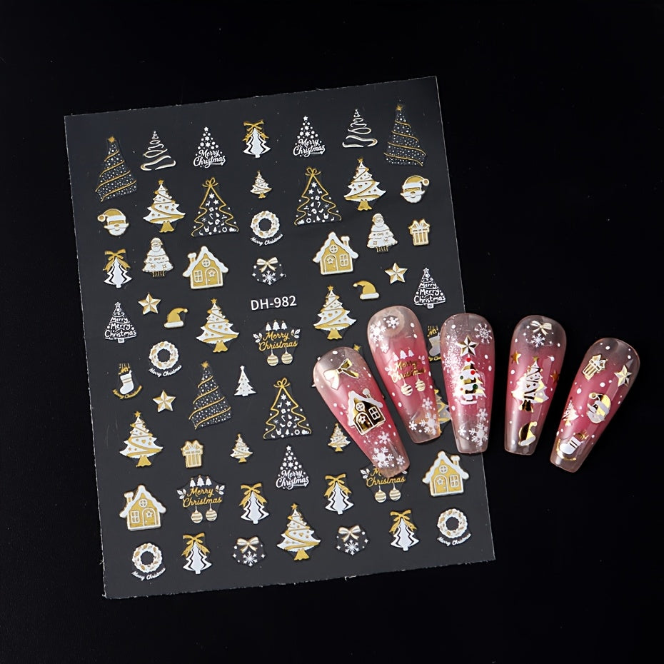 Christmas Nail Stickers with Green Tree, Red Bow & Golden Glitter