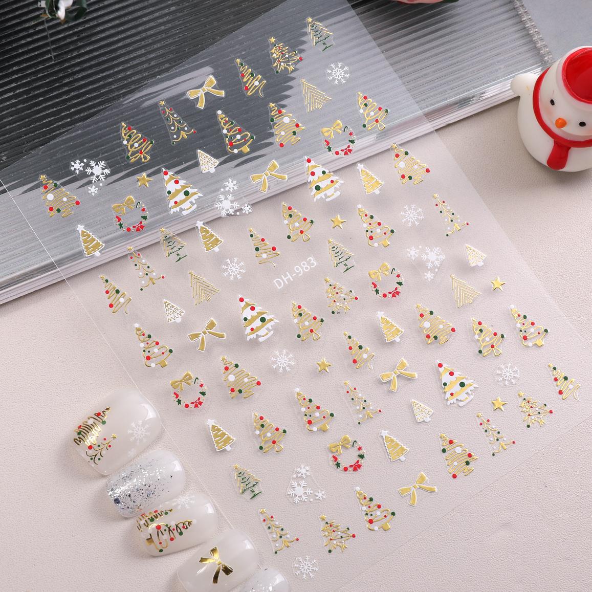 Christmas Nail Stickers with Green Tree, Red Bow & Golden Glitter